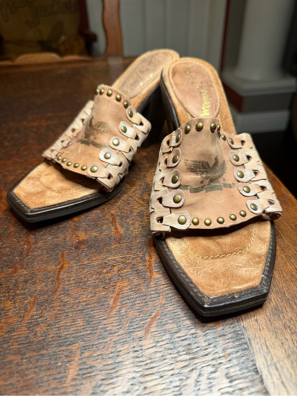 Women's-Style Tan Leather Studded Mule Heels